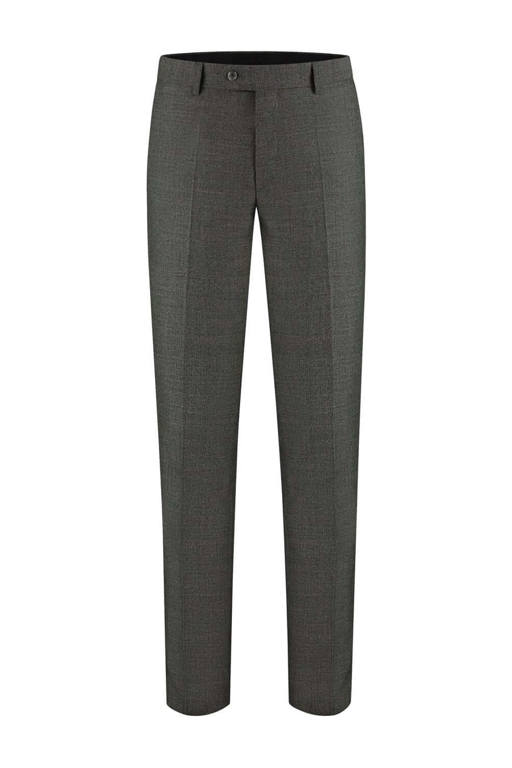 Pak melange donkergroen wolblend 2-delig met klepzakken, elegante donkere broek.