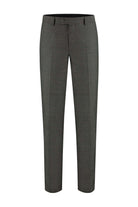 Pak melange donkergroen wolblend 2-delig met klepzakken, elegante donkere broek.