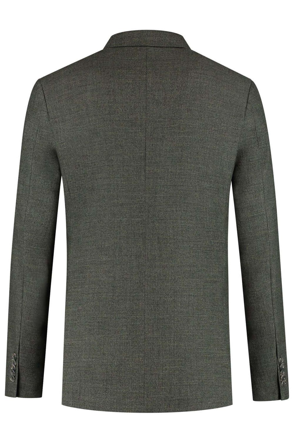 A back view of a Pak melange donkergroen jacket featuring a textured design and stylish cut.