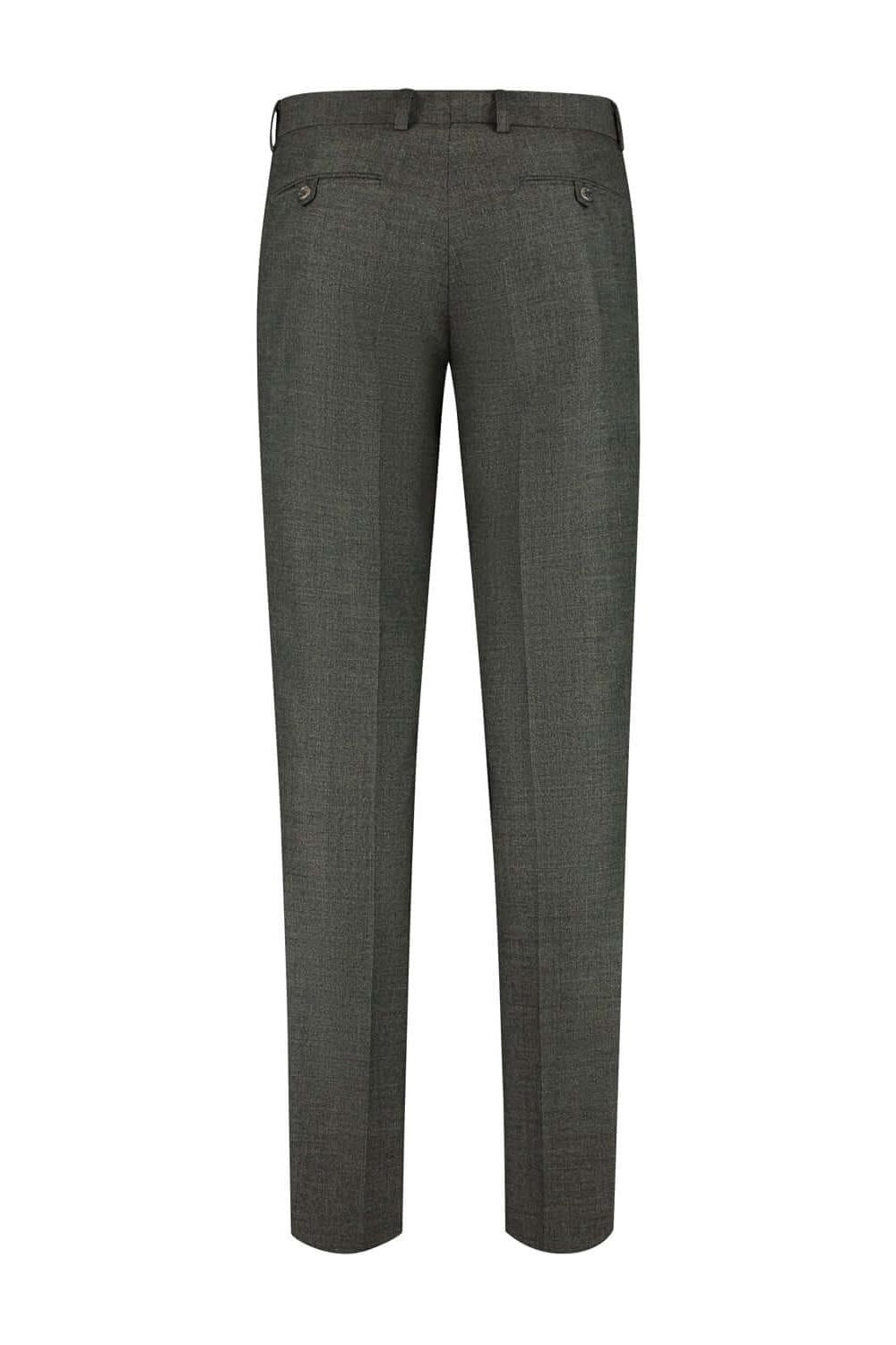 Pak melange donkergroen, donkergroene melange wolblend broek met klepzakken, achterkant.