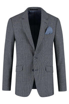 Pak wol tweed streep grijsblauw herenmodel met grijze gestreepte blazer en zakdoek