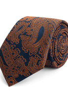 Stropdas zijde print oranje-blauw motieven met gedetailleerd patroon, elegante stropdas in oranje en blauw.