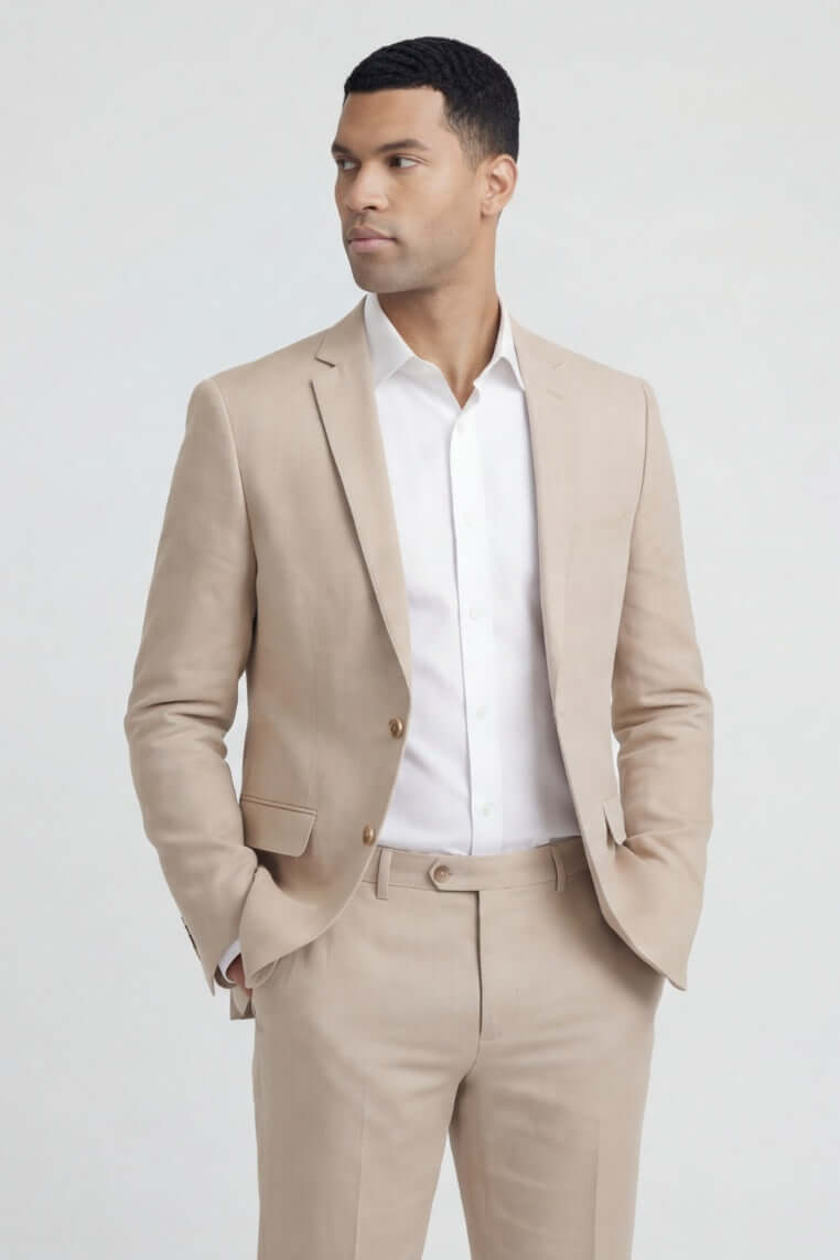 Pak linnenblend strandzand: ademend beige pak met nette kraag en knoopsluiting, perfect voor elke gelegenheid.