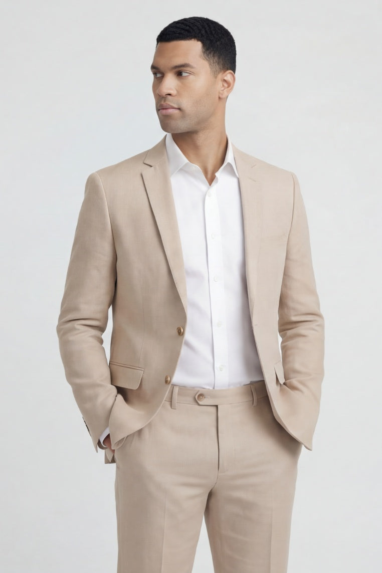 Pak linnenblend strandzand: ademend beige pak met nette kraag en knoopsluiting, perfect voor elke gelegenheid.