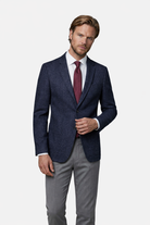 Colbert stretch ruit blauw, blauw stretchcolbert met subtiel ruitpatroon, twee knopen en notch revers.