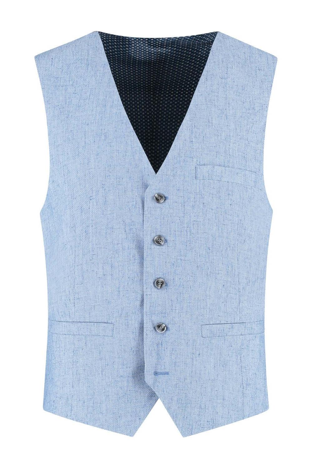 Gilet linnenblend duifblauw, ademend met verstelbare band en twee zakken, stijlvolle herenmode.