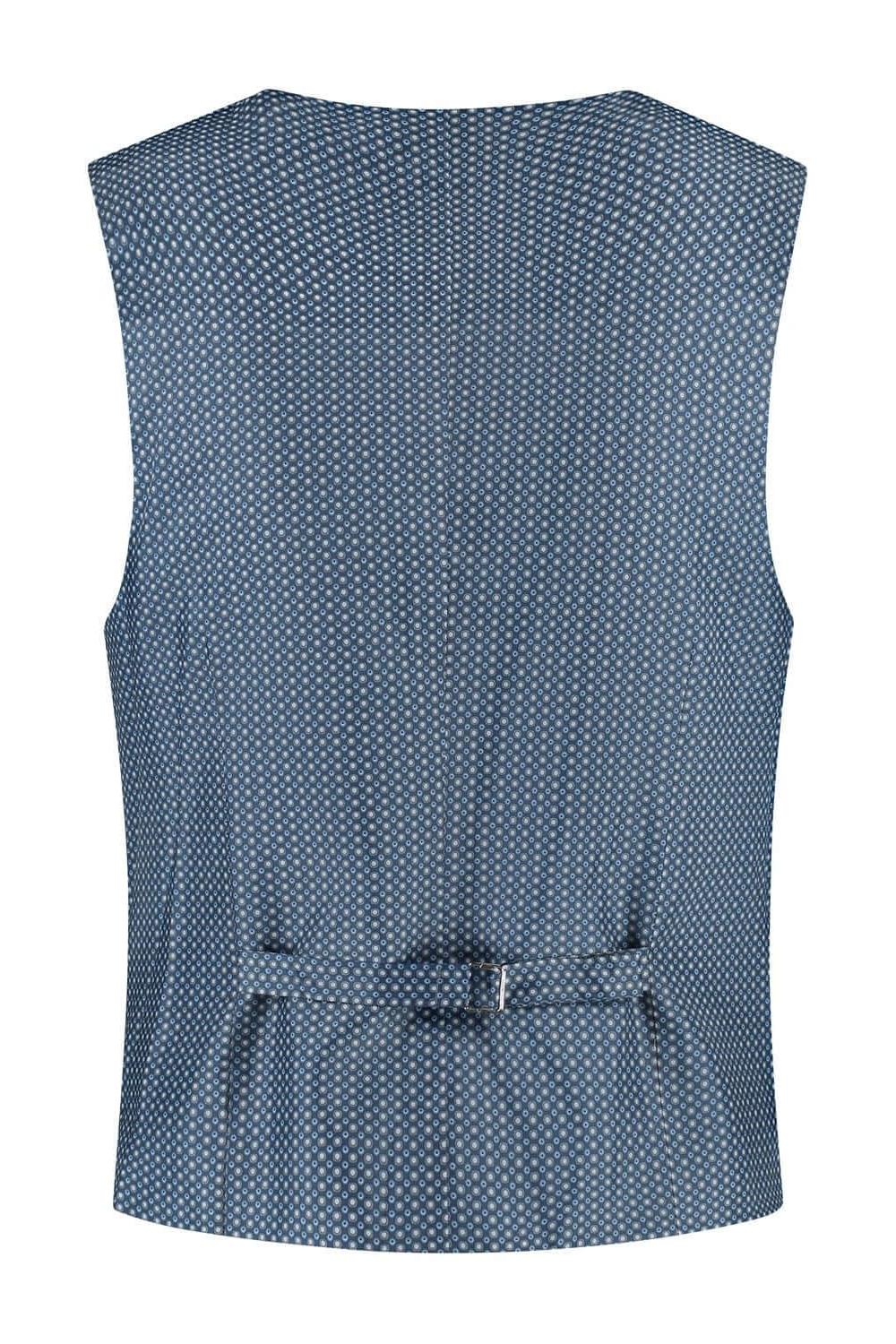 Gilet linnenblend duifblauw, ademend met verstelbare band en twee zakken, achteraanzicht van het gilet.