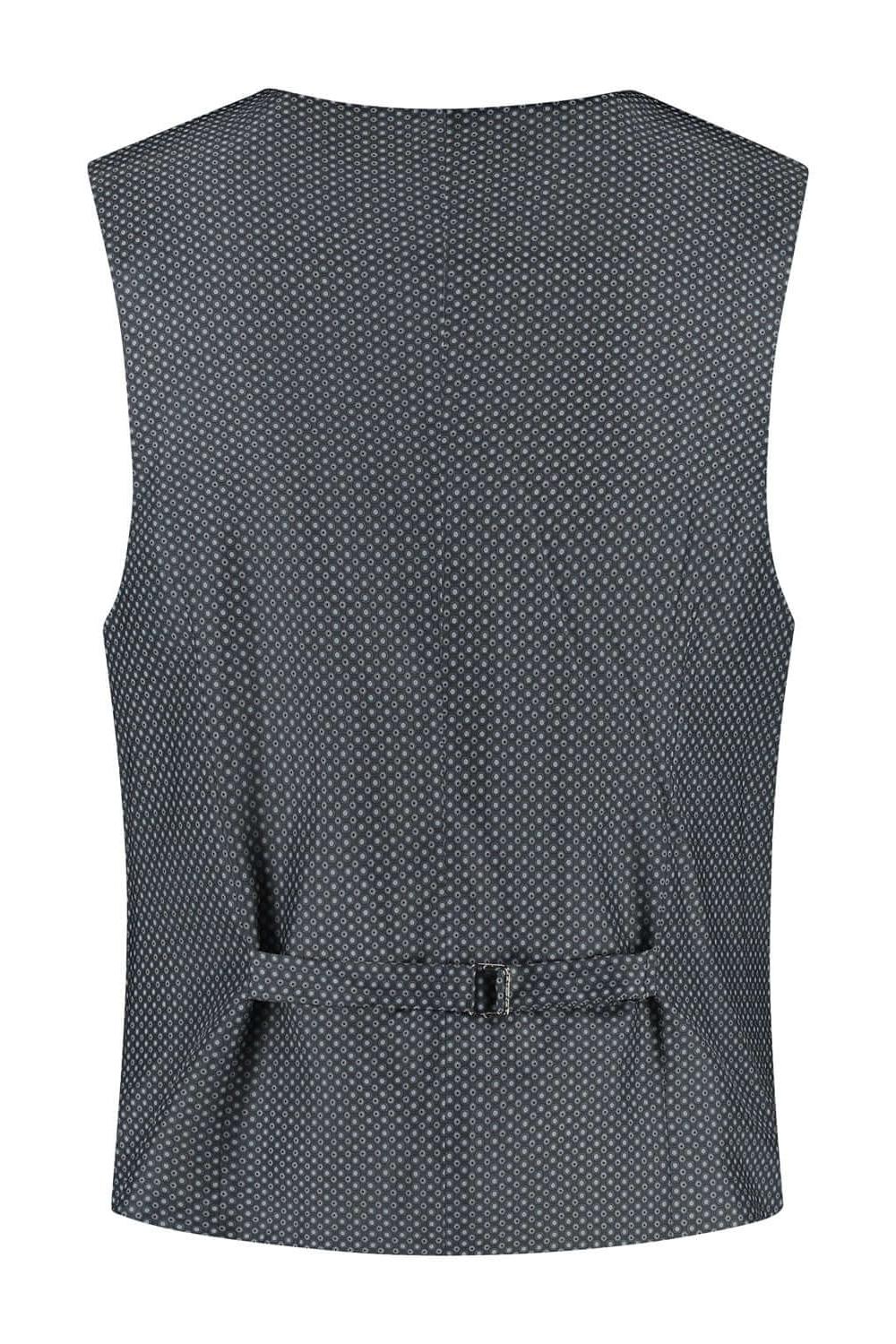 Gilet linnenblend zilvergrijs achterkant met verstelbare gesp en ademend linnenmix design.