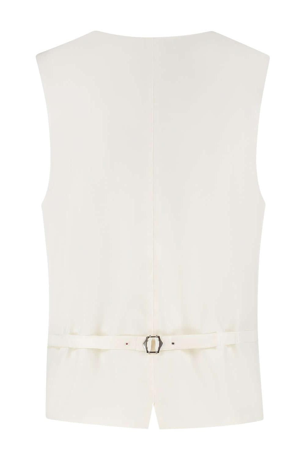 Gilet paisley champagnebeige, achterzijde met verstelbare band en knopen, elegant design.