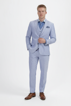 Pak linnenblend duifblauw 3-delig met overhemd linnenlook blauw en leren schoenen