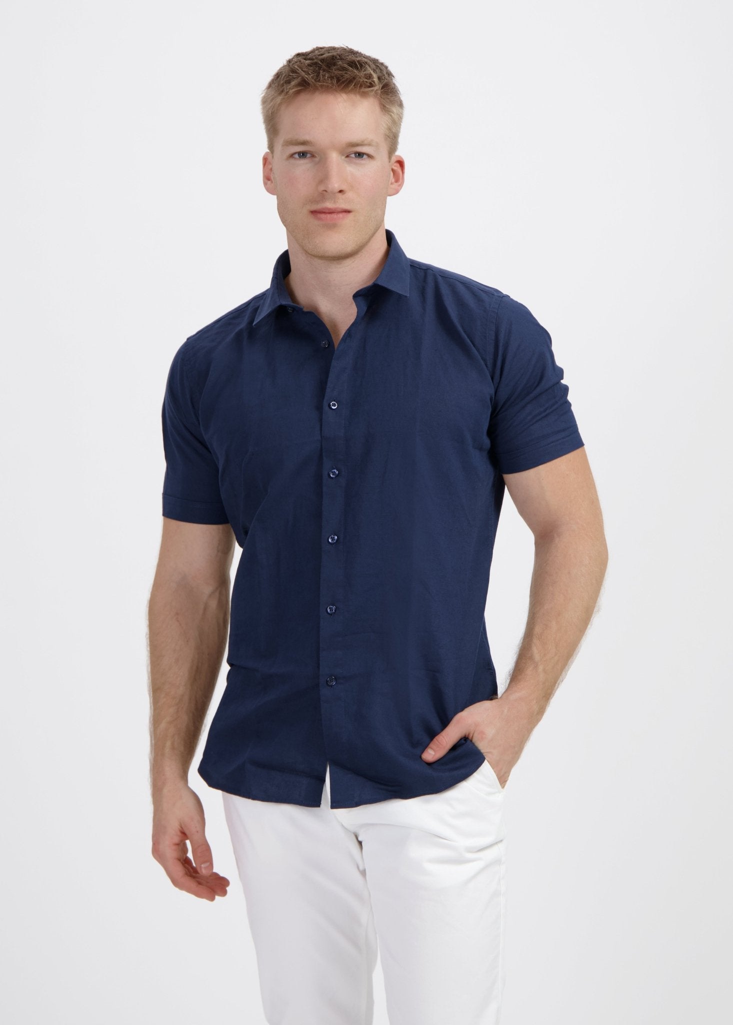 Korte mouw linnen katoen blauw - Gents