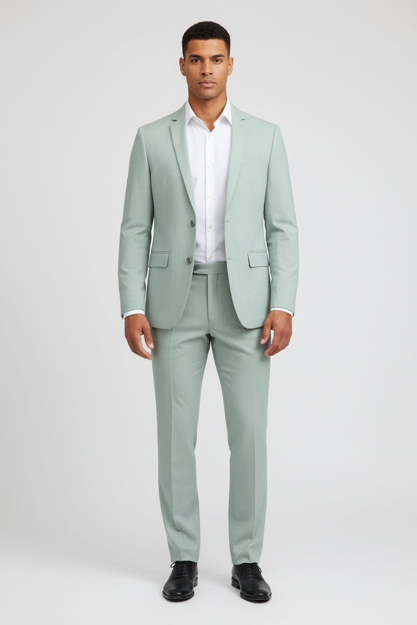 Pak 2-delig dusty groen slim-fit kostuum voor lente en zomer, elegant en modern.