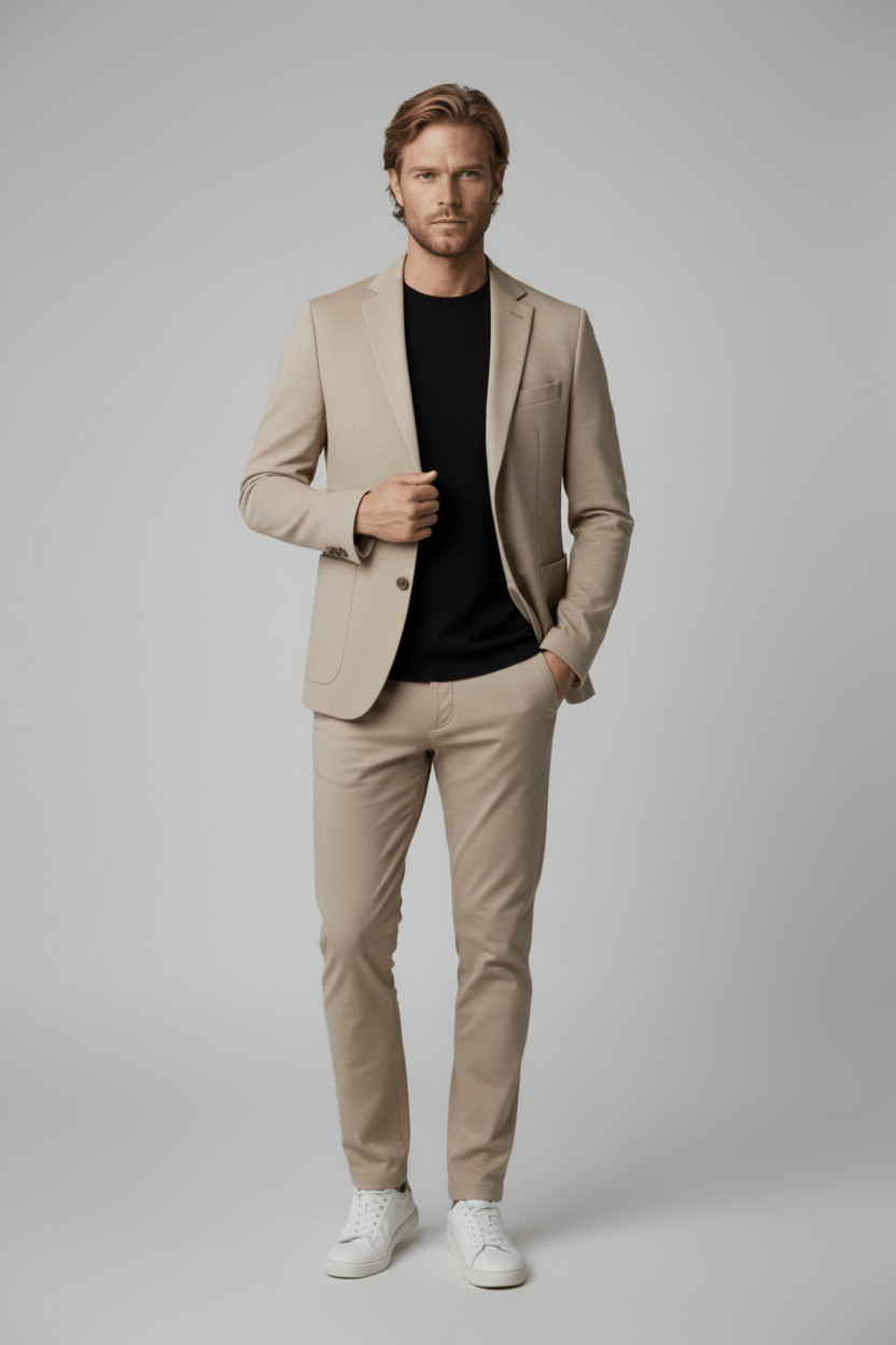 Pak 2-delig stretch beige outfit model showcasing modern styling and comfort.