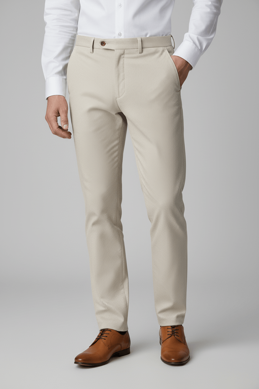 Pantalon stretchkatoen zand, zandkleurige stretchkatoenen broek met ademend vermogen.