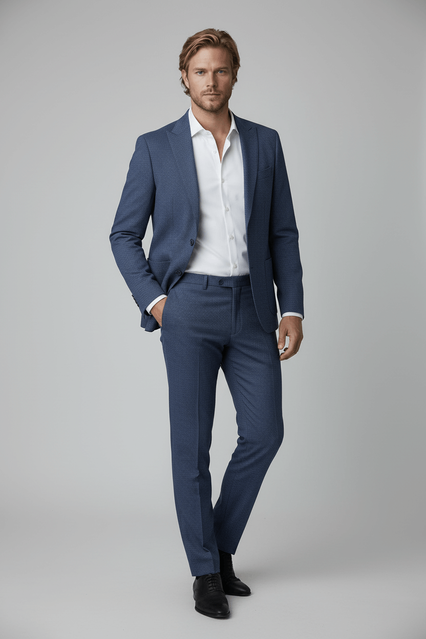 Man wearing pak bi-stretch blauw 2-delig suit with a white shirt and black shoes, posing against a neutral background.