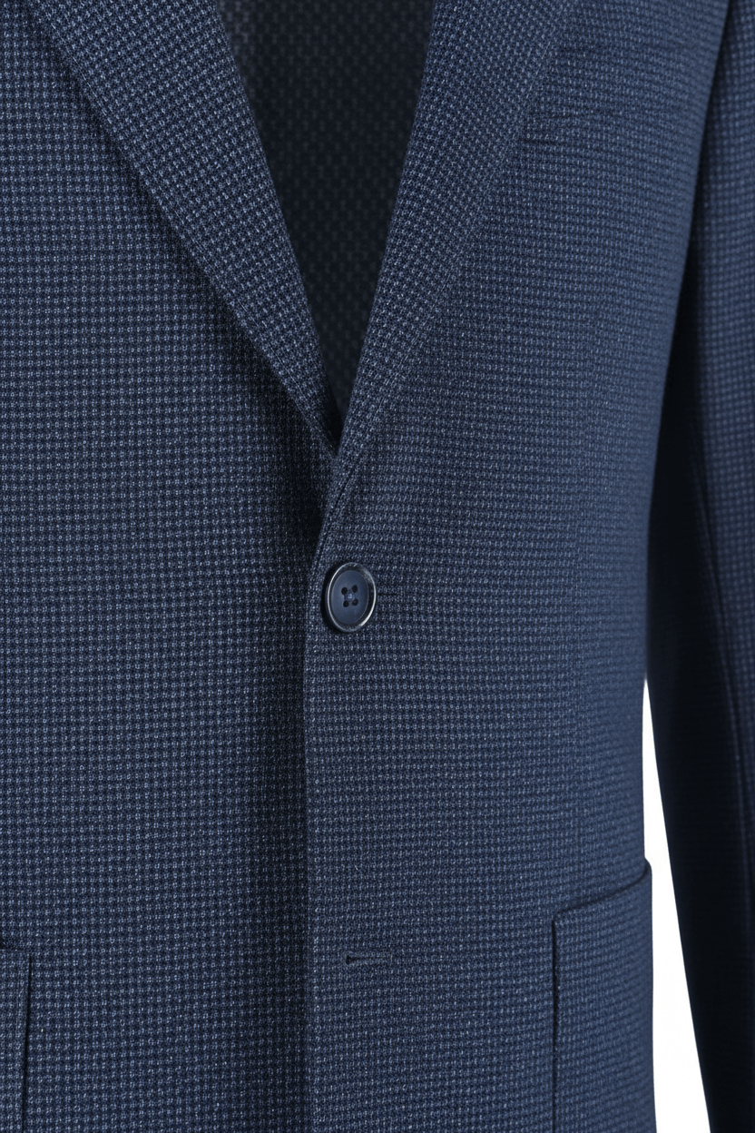 Colbert bi-stretch blauw | dicht bij de knoop en textuur van het moderne, kreukvrije colbert.