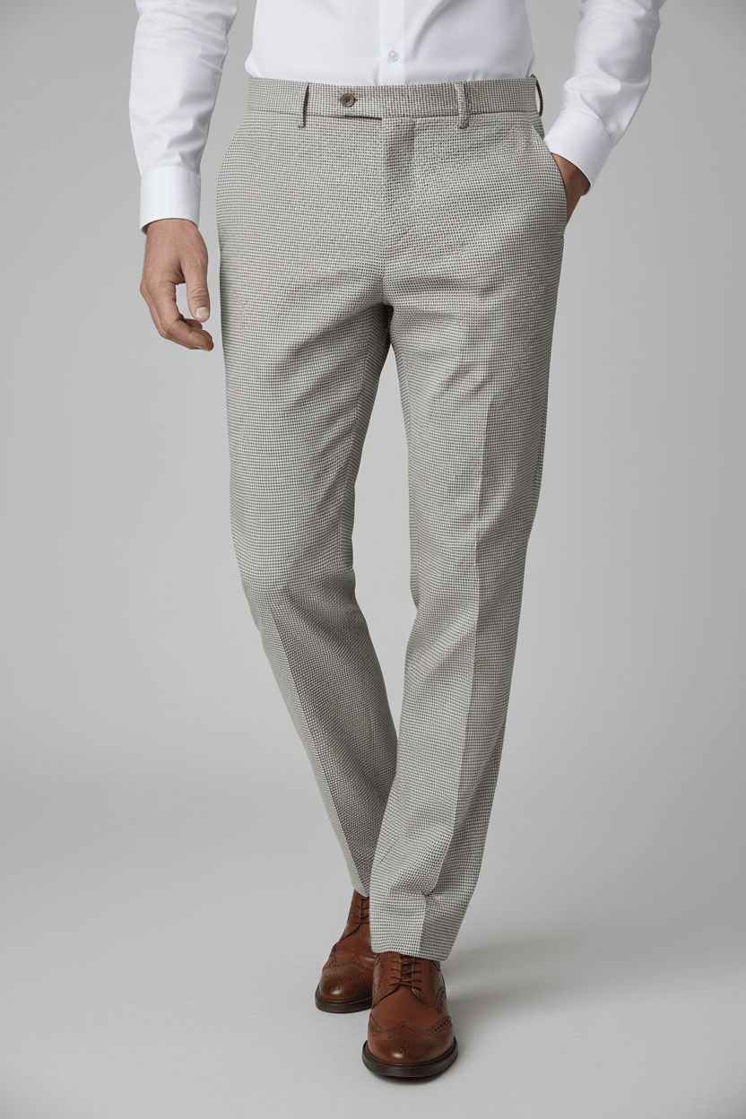 Pantalon pied-de-poule beige met kenmerkende structuur, perfect voor een stijlvolle look.
