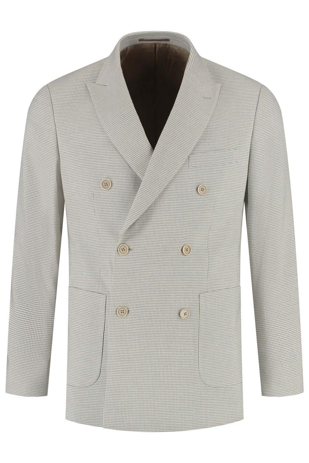 Double-breasted pied-de-poule beige jas met knopen en elegante uitstraling.