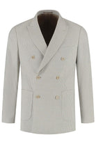 Double-breasted pied-de-poule beige jas met knopen en elegante uitstraling.