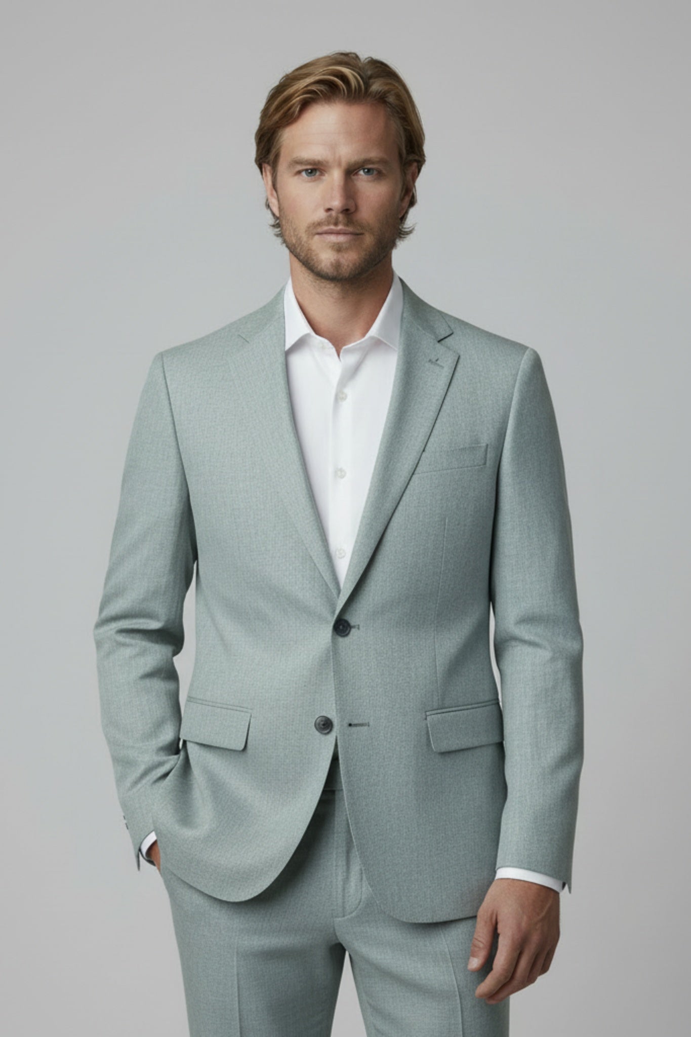 Pak linnenblend mistgroen - stijlvol linnenblend pak met ademend stretch voor formele gelegenheden.