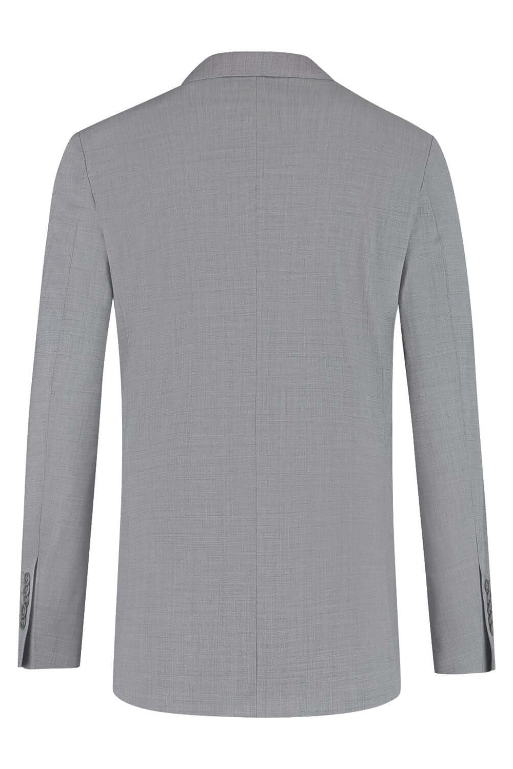 Pak melange Sheffield grijs achterzijde van het stijlvolle grijze pak met rever en tweeknopsluiting.