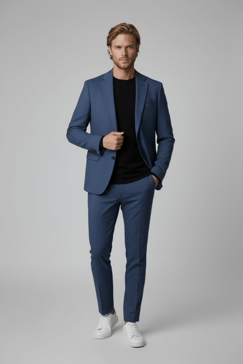 Pak Stretch Birdseye Blauw 2-delig, stijlvolle man in blauwe pak met sneakers op een neutrale achtergrond.