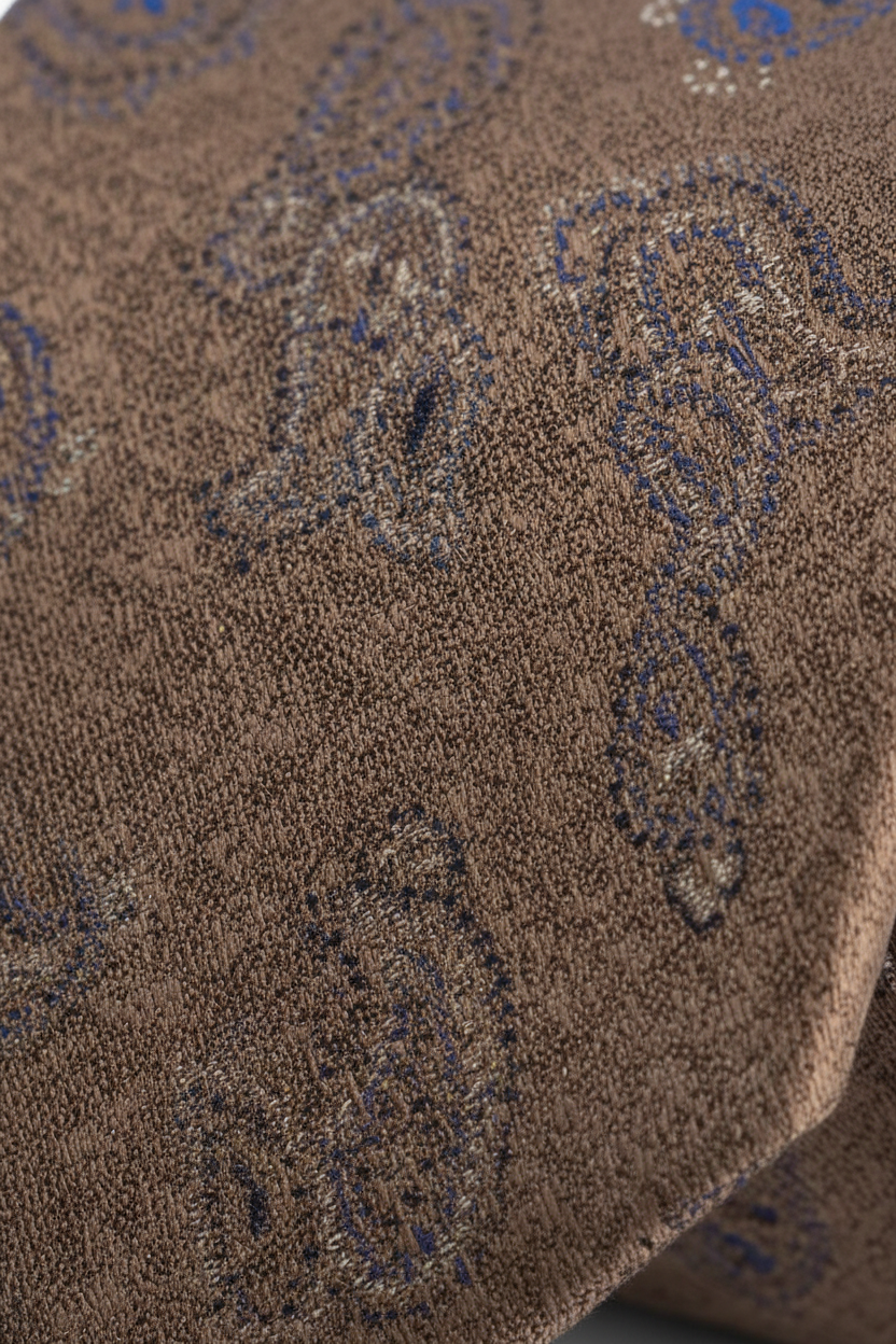 Stropdas zijde paisley bruin, handgemaakt, met warm bruin paisley ontwerp en randafwerking.