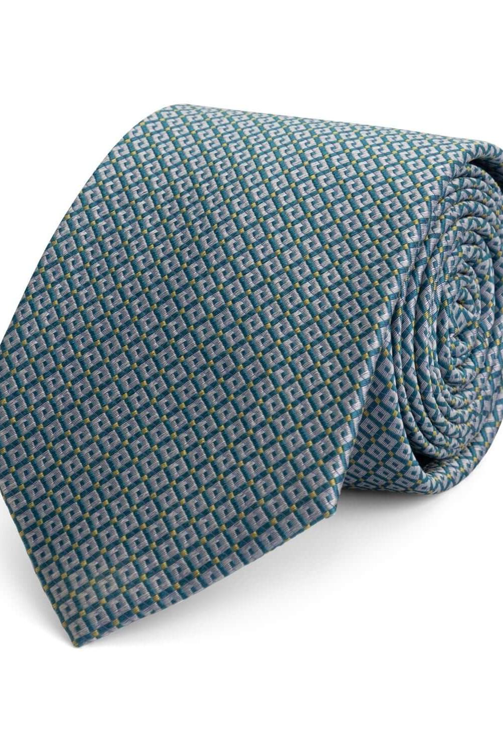 Stropdas zijde print vierkantjes zilver - turquase - Gents